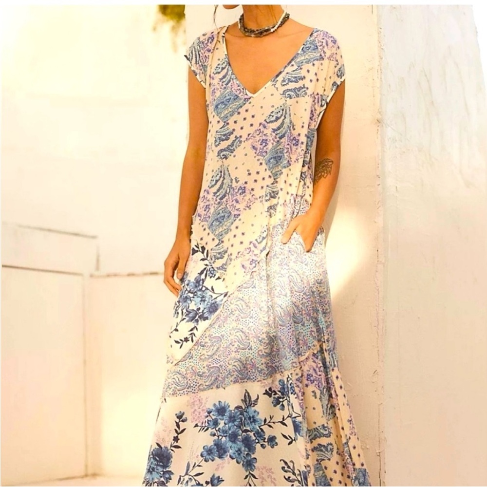 Free People Desert Flower Patched Maxi Dress Side Pockets Blue Ivory Combo